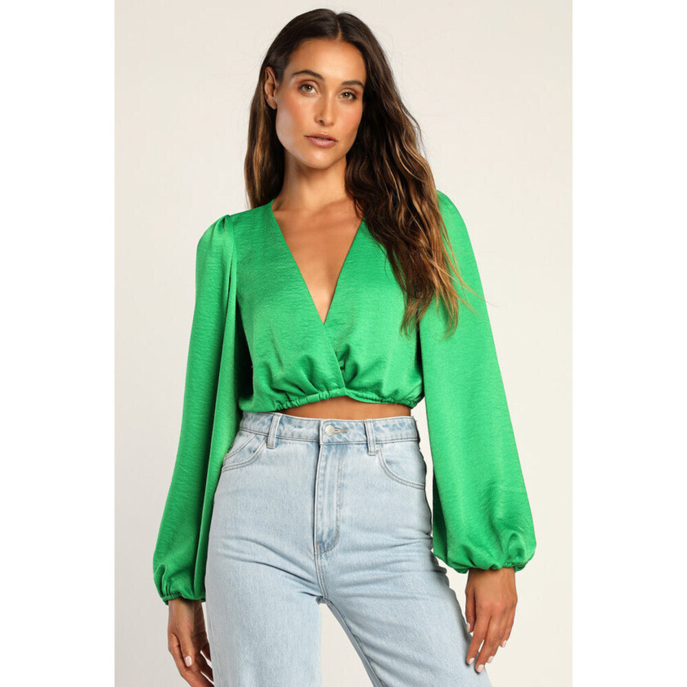 Lulus Chic Confessions Green Satin Long Sleeve Wrap Crop Top